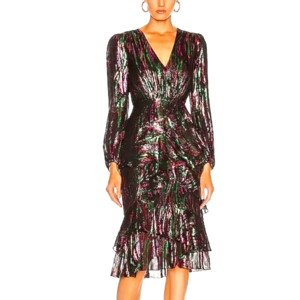 SALONI METALLIC SILK BLEND ALYA OIL SPILL MIDI DRESS US SIZE 2  XS